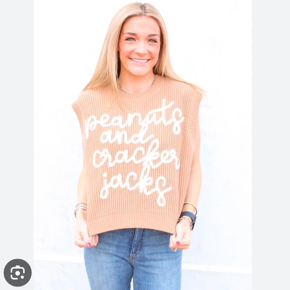 Queen of sparkles tan peanuts and cracker jacks sweater vest knit top - Picture 1 of 2